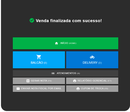 Tela do PDV com venda finalizada, opções de balcão, delivery e emissão de nota