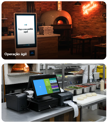 Totem de autoatendimento e estação de PDV instalados em uma pizzaria